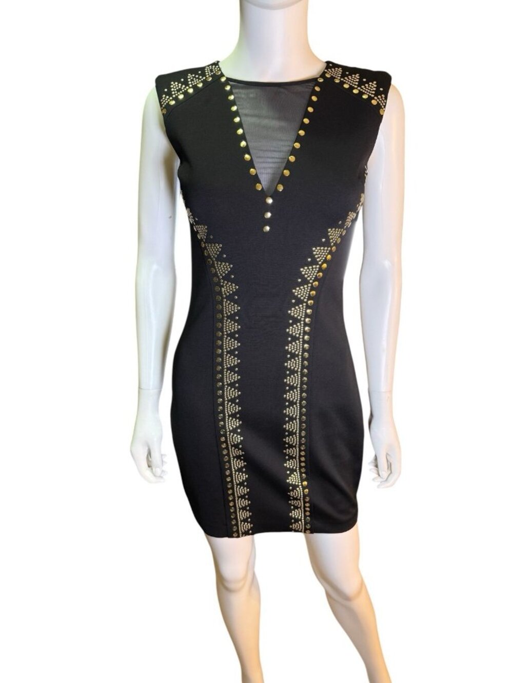 Vintage 1990s Cache Black Gold Studded Sheath Mini Dress Bodycon Size 2 NWT
